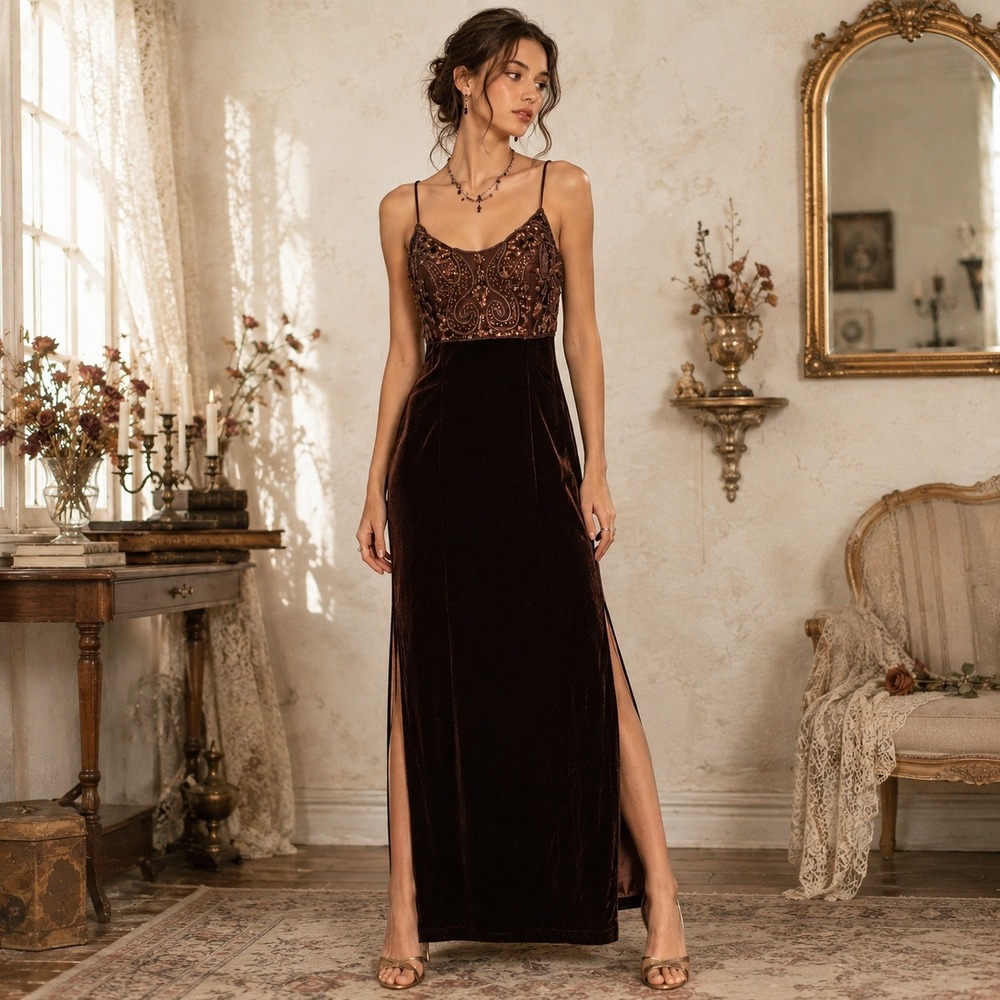 Faviana Vintage 90s Brown Velvet Beaded Empire Waist Maxi Dress 7/8 Whimsigoth